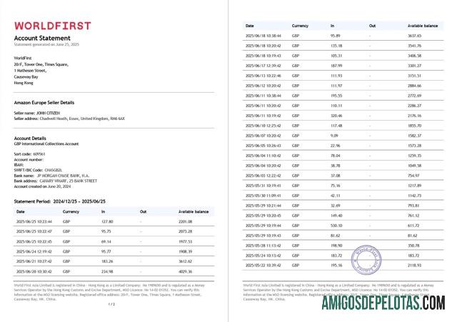 Extrato de conta da China Worldfirst para impressão, modelo Word e PDF, 2 páginas